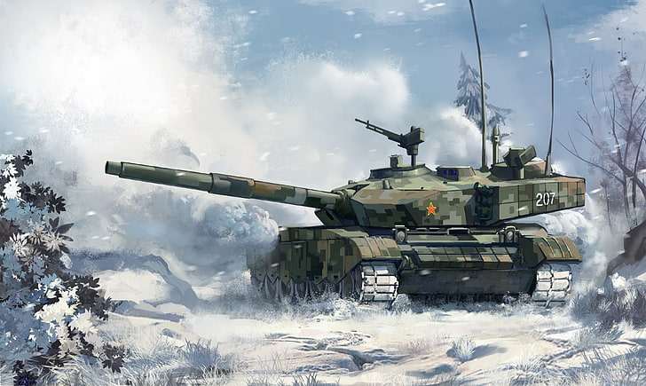 winter, forest, snow, figure, art, tank, combat, Chinese, main, Type 99, ZTZ-99, HD wallpaper