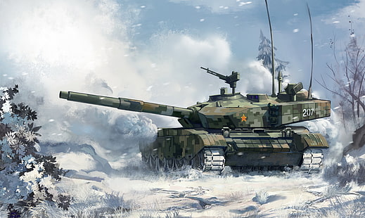 зима, лес, снег, рисунок, арт, танк, боевой, китайский, основной, тип 99, ЗТЗ-99, HD обои HD wallpaper