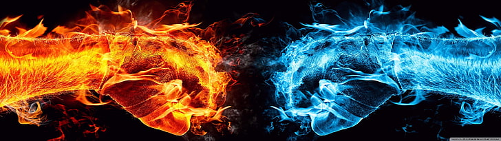 flame fist wallpaper, bleu, blue, dual, feu, fire, flame, flamme, monitor, multi, multiple, orange, screen, HD wallpaper
