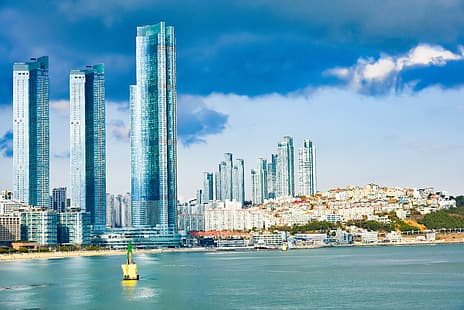 Busan, Corea del Sur, skyscape, edificio, espuma de mar, paisaje, Fondo de pantalla HD HD wallpaper