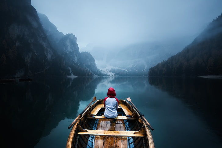 relax, forest, peace, rain, photography, trees, landscape, nature, photographer, water, mountains, lake, people, mood, tranquility, boat, mist, jacket, hood, thinking, rowboat, Stepan Zubkov, HD wallpaper