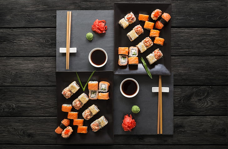 sticks, sauce, sushi, rolls, ginger, set, wasabi, japanese food, HD wallpaper