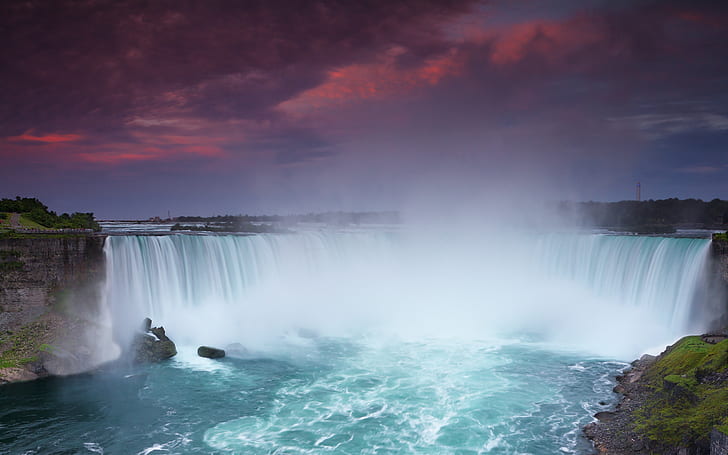 Die Fälle bei Sonnenuntergang, Niagara Falls, Wasserfall, Niagara, Natur, Landschaft, Wasser, Sonnenuntergang, HD-Hintergrundbild