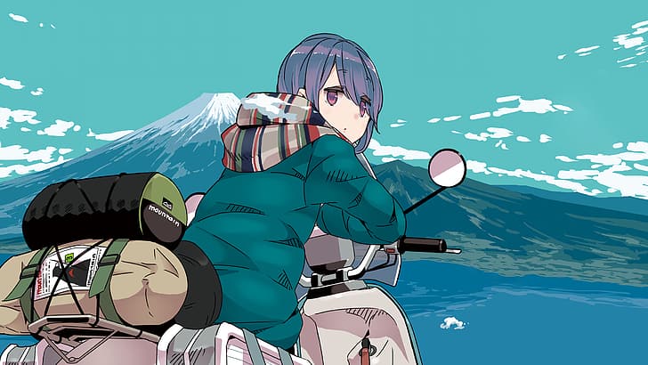 Rin Shima, Yuru Camp, Roller, Manga, Schal, Gepäck, Zelt, Wolken, HD-Hintergrundbild