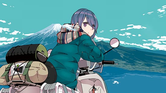 Rin Shima, Yuru Camp, scooter, manga, sciarpa, bagagli, tenda, nuvole, Sfondo HD HD wallpaper
