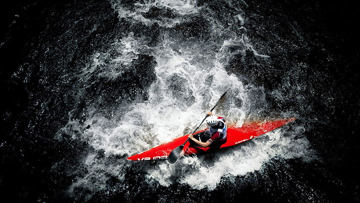 kayak rosso, kayak, sport acquatici, pagaia, acqua, canottaggio, Sfondo HD