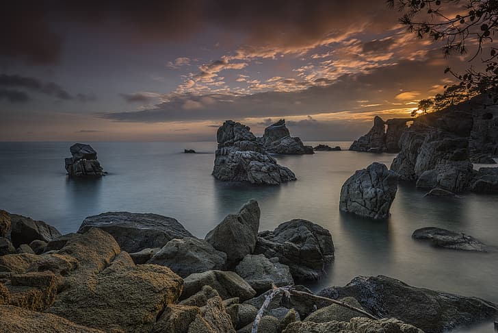 sea, landscape, nature, stones, rocks, shore, morning, Spain, Costa Brava, HD wallpaper
