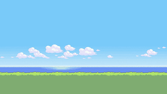 зеленая газонная трава и водное пространство иллюстрации, ретро-игры, пиксели, облака, пиксель арт, 8 бит, HD обои HD wallpaper