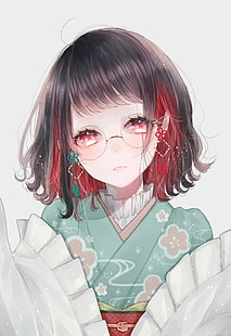 аниме, аниме девушки, темные волосы, лицо, очки, HD обои HD wallpaper