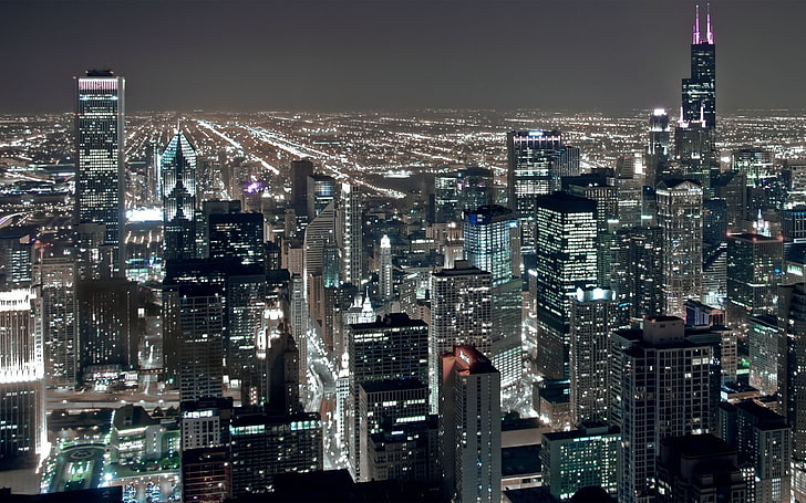 night, city, lights, height, skyscrapers, USA, America, Chicago, HD wallpaper