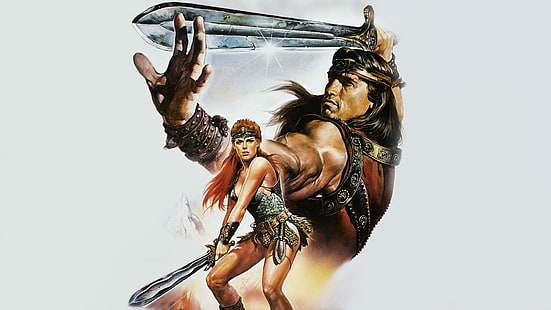 Conan the Barbarian, Arnold Schwarzenegger, Brigitte Nielsen, wojownik, miecz, filmy, czerwona sonja, Tapety HD HD wallpaper