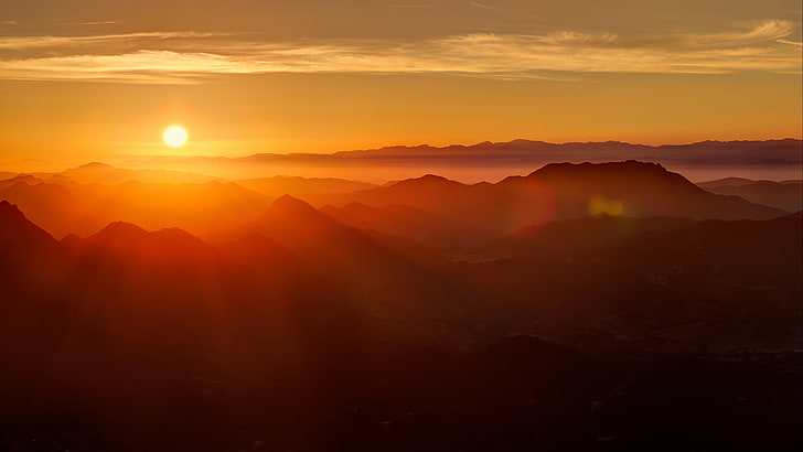 silhouette of mountains during sunset wallpaper, rays, mountains, dawn, sunlight, solace, HD wallpaper