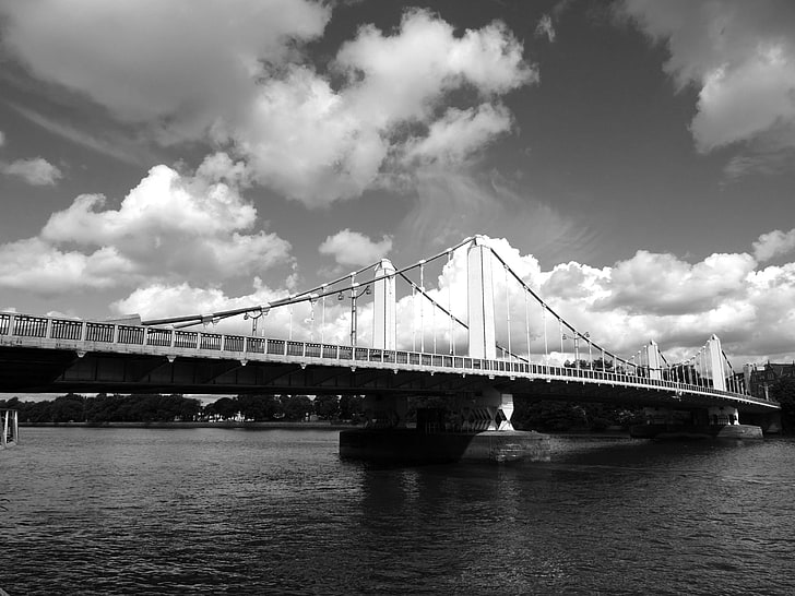 architecture, bay, black and white, bridge, clouds, daylight, outdoors, river, sky, steel, travel, water, HD wallpaper
