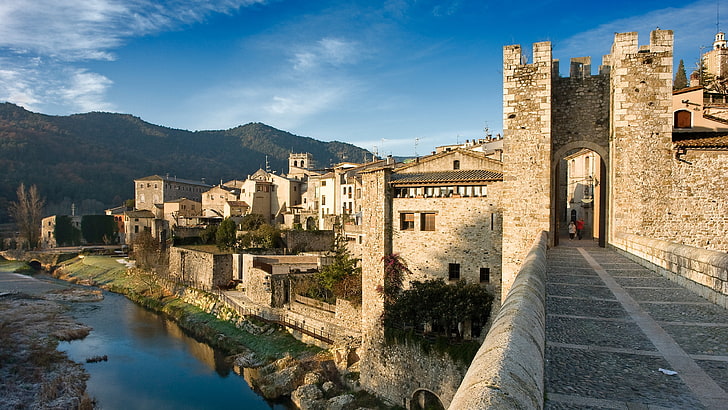 village, historic site, fortification, medieval architecture, history, town, tourism, europe, besalu, spain, HD wallpaper