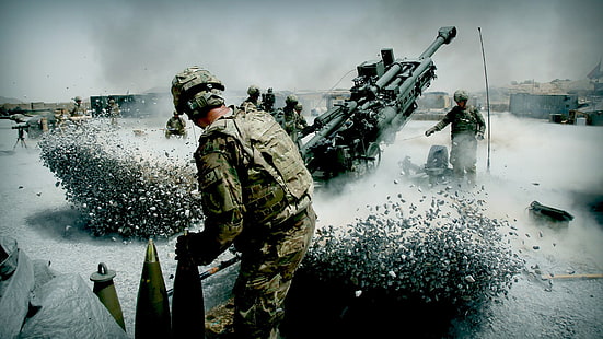 soldado, segurando, canhão, cartucho, paintig, exército, artilharia, obus, arma, soldado, arte digital, HD papel de parede HD wallpaper