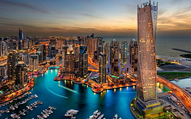 Kota, Dubai, kota, Dubai, UEA, kota, resor, malam, Matahari terbenam, Wallpaper HD