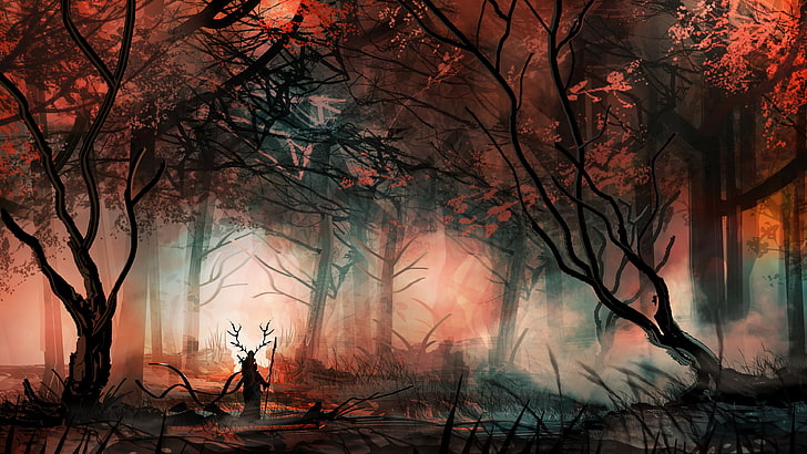osoba spacerująca po lesie ilustracja, sztuka fantasy, drzewa, las, bohater, samotność, sztuka cyfrowa, mgła, Tapety HD