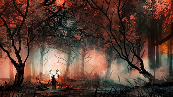 personne marchant à la forêt illustration, art fantastique, arbres, forêt, héros, solitude, art numérique, brouillard, Fond d'écran HD HD wallpaper
