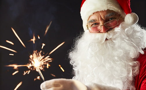 Санта-Клаус, Спарклер, лицо, очки, борода, Рождество, праздник, Санта-Клаус, держа взломщик огня, Санта-Клаус, Спарклер, лицо, очки, борода, Рождество, праздник, HD обои HD wallpaper