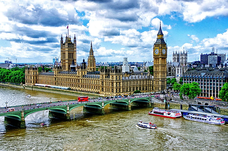 London, Big Ben, The Palace of Westminster, Westminster bridge, the river Thames embankment, pleasure boats, HD wallpaper