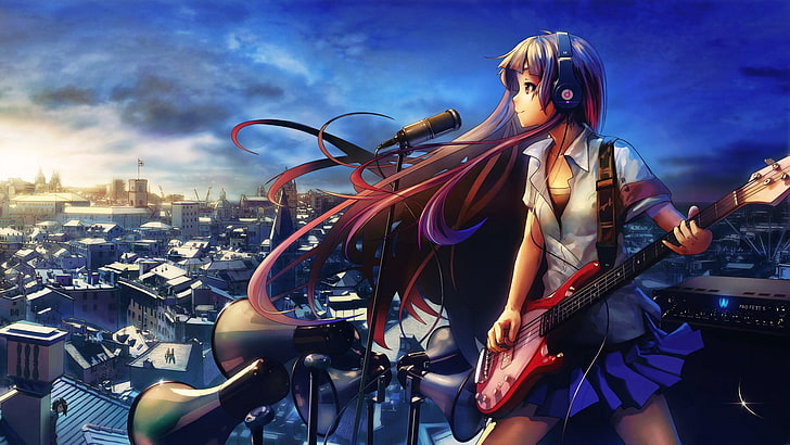 female anime character holding guitar digital wallpaper, girl, guitar, microphone, headphones, performance, HD wallpaper