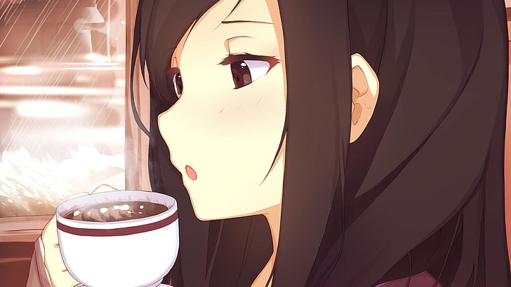 Anime, Anime Girls, weiße Haut, Brünette, Kaffee, braune Augen, HD-Hintergrundbild