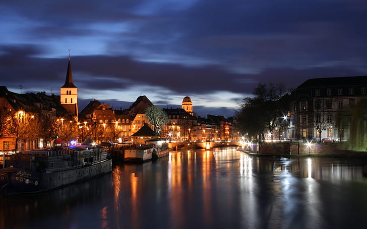 True Colors Of Strasbourg, alsace, blue, canon, canon350d, city, cityscape, darkblue, france, lights, photography, reflections, strasbourgfrance, HD wallpaper
