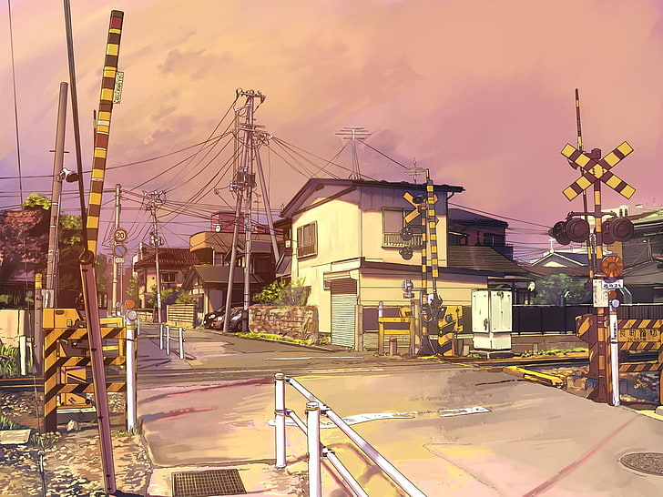 city, anime, railway crossing, artwork, urban, HD wallpaper