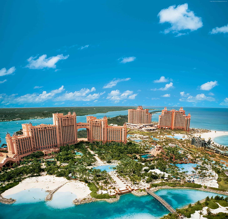 Bahamas, resort, booking, sea, travel, blue, ocean, hotel, pool, beach, vacation, palm, island, sky, HD wallpaper