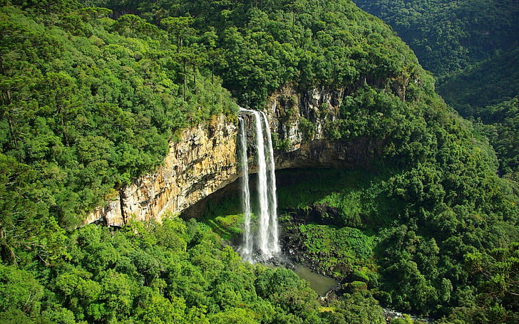 Mountain Forest Waterfall, montagna, tropicale, caduta, verde, rocce, cascata, foresta, acqua, scogliera, cascate, 3d e astratto, Sfondo HD