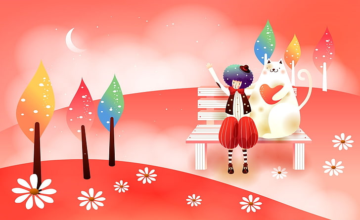 Childhood Fairytales Wish Upon A Star, clown and white cat sitting on bench wallpaper, Aero, Vector Art, Night, Childhood, Fairytales, childhood fairytales, wish upon a star, HD wallpaper
