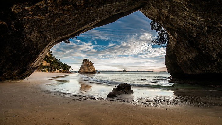 brown cave, cathedral cove, New Zealand, HD wallpaper