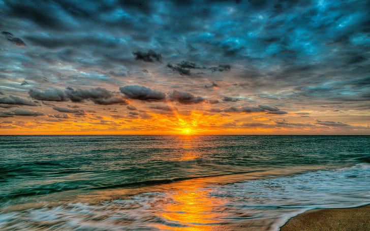 Sunset Sea Ocean Sandy Beach Waves Red Sky Clouds Summer Landscape Wallpaper For Desktop 3840×2400, HD wallpaper