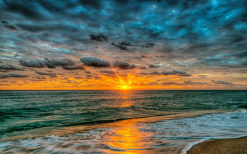 Zachód słońca morze ocean piaszczysta plaża fale czerwone niebo chmury letni krajobraz tapeta na pulpit 3840 × 2400, Tapety HD HD wallpaper