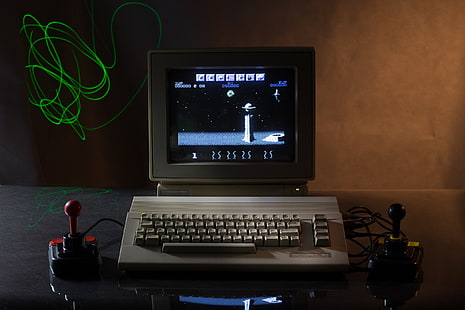 czarno-szary laptop HP, gry retro, komputer, joystick, Commodore 64, Wizball (gra komputerowa), Tapety HD HD wallpaper
