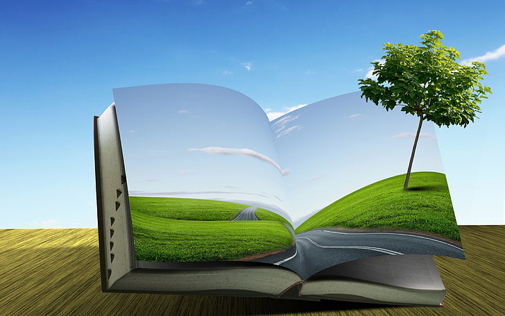 Book, clouds, creative, field, fields, landscapes, manipulation, road, roads, sky, tree, HD wallpaper