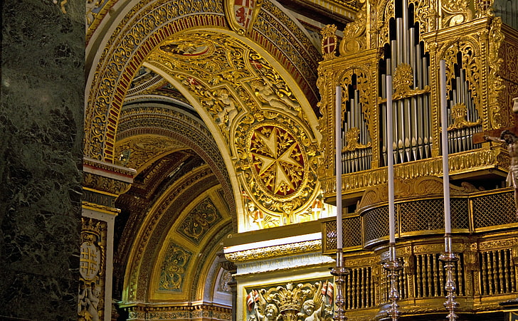 Cathedral Golden Interior, Vintage, Cathedral, Malta, johns, stjohns, isla, ilbirgu, lisla, maltaxlokk, valetta, HD wallpaper