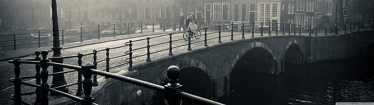Photographie en niveaux de gris du pont, affichage multiple, Pays-Bas, monochrome, pont, Fond d'écran HD