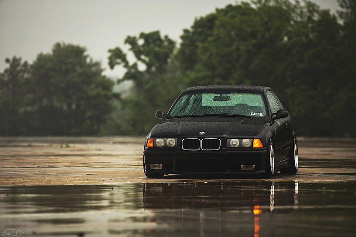 black BMW car, rain, BMW, black, E36, HD wallpaper