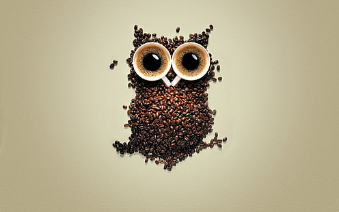 кофе в зернах, кофе, сова, кофейные зерна, креатив, птицы, животные, простой фон, цифровое искусство, чашка, HD обои HD wallpaper