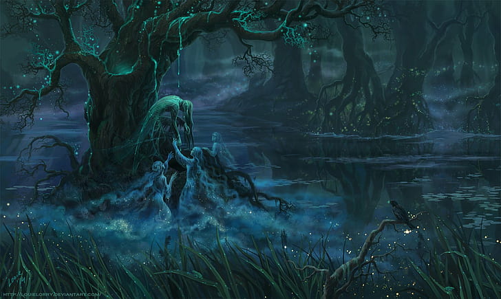 dark, dark fantasy, ghosts, mist, night, swamp, fantasy art, HD wallpaper