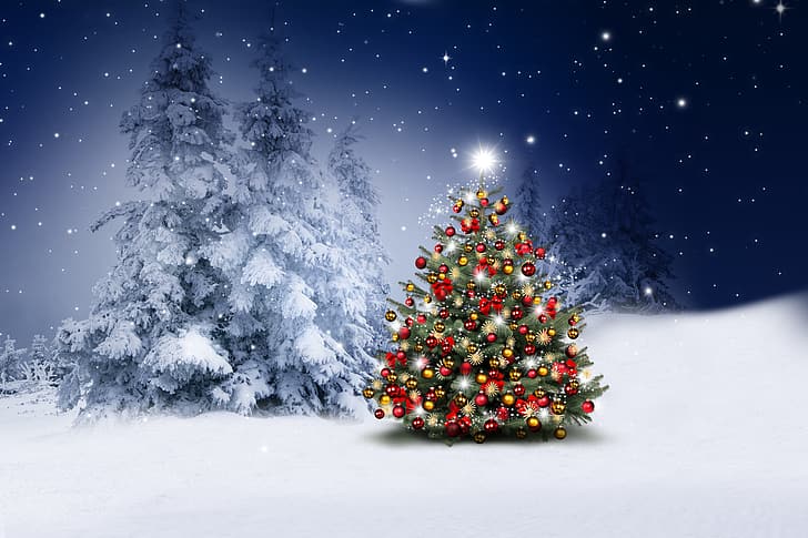 hiver, neige, décoration, flocons de neige, boules, arbre, nouvel an, Noël, heureux, nuit, joyeux Noël, Noël, arbre de Noël, Fond d'écran HD