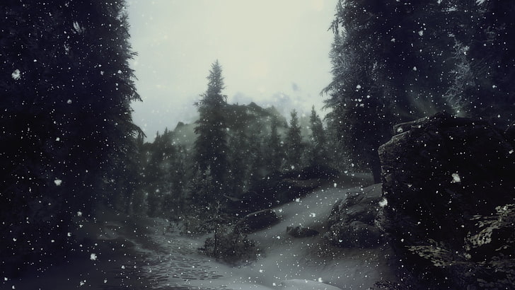 grönt tall, snöigt bergsfoto på dagtid, konstverk, natur, snö, träd, skärpedjup, The Elder Scrolls V: Skyrim, videospel, himmel, skogsröjning, skog, väg, vinter, HD tapet