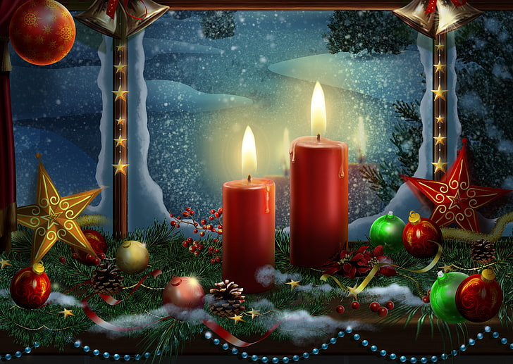 two red pillar candles, color, balls, ball, beauty, colors, candles, colorful, golden, star, gold, garland, Happy New Year, Christmas, beautiful, winter, snow, stars, pretty, window, Merry Christmas, holiday, cool, lovely, nice, ribbon, Christmas balls, Christmas bells, bells, bell, HD wallpaper