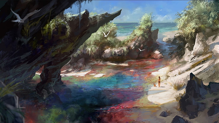 plan d'eau entre les formations rocheuses et les plantes peinture, oeuvre d'art, art fantastique, plage, coloré, mer, nature, criques, Fond d'écran HD