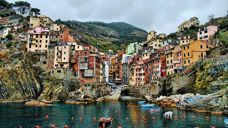 Cinque Terre, Италия, Море, Хил, Къщи, Европа, Крайбрежие, Лодка, Cinque Terre, Италия, море, хълм, къщи, Европа, крайбрежие, лодка, HD тапет