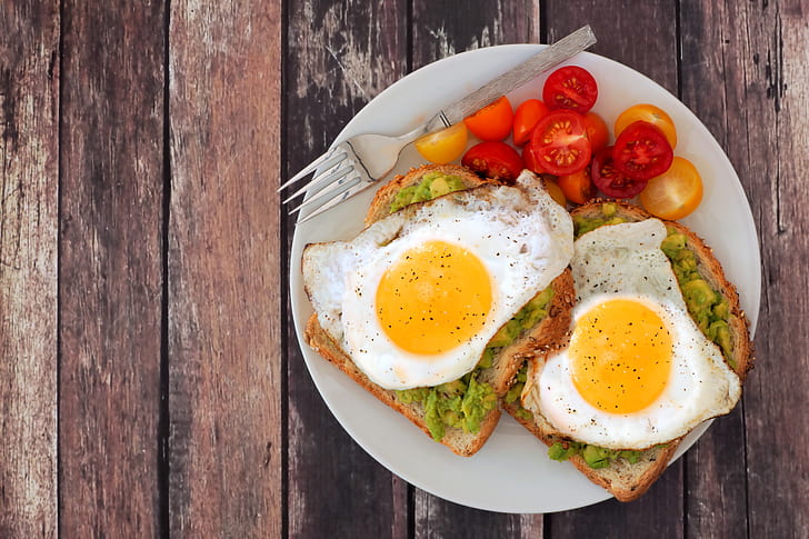 Breakfast, scrambled eggs, tomatoes, toast, HD wallpaper
