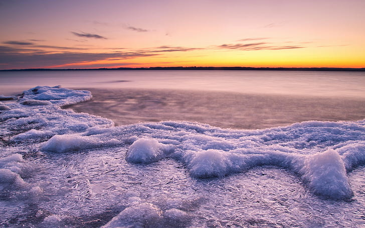 Ice floes, Sunset, water, river, Lake, ice floes, cold, HD wallpaper