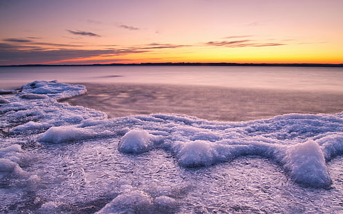 Ice floes, Sunset, water, river, Lake, ice floes, cold, HD wallpaper HD wallpaper