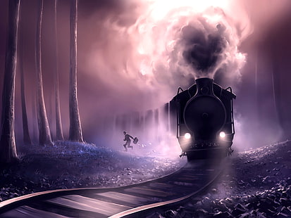влак, парен локомотив, парен влак, железопътна линия, дървета, гора, нощ, дим, предни светлини, произведения на изкуството, HD тапет HD wallpaper